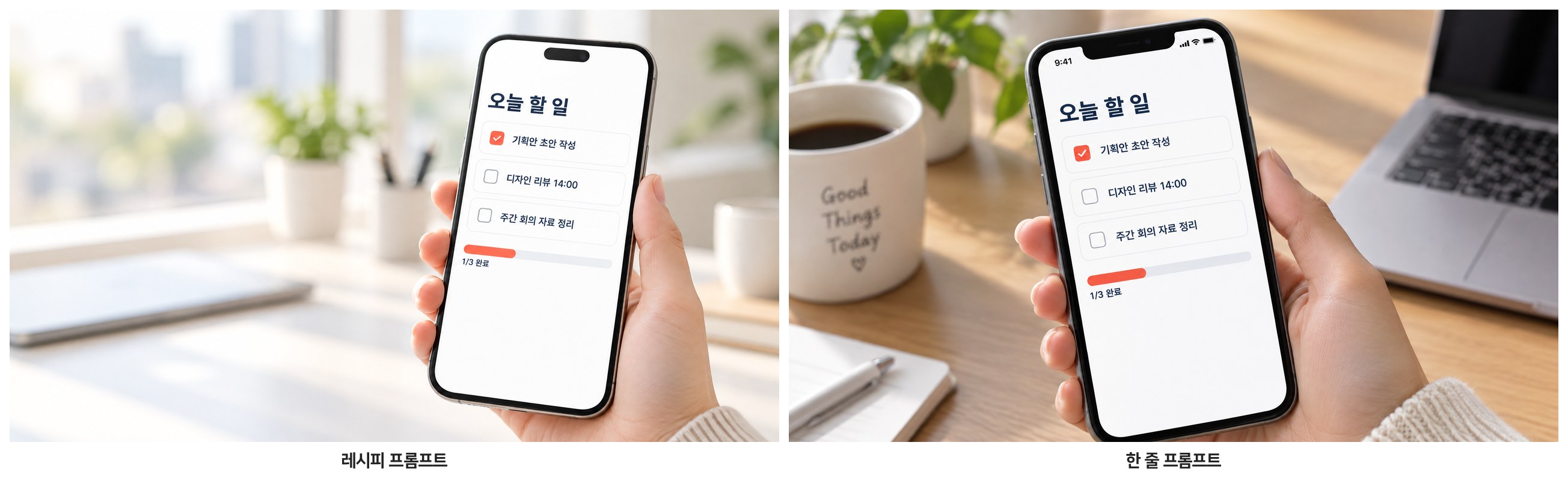 레시피 프롬프트와 한 줄 프롬프트 비교