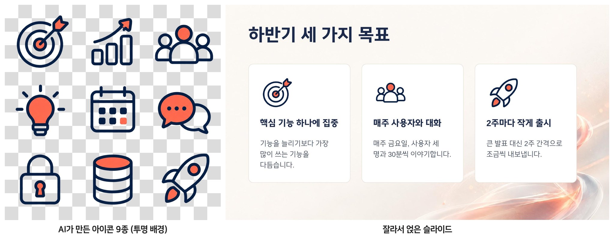 아이콘 9종과 그 아이콘을 쓴 슬라이드