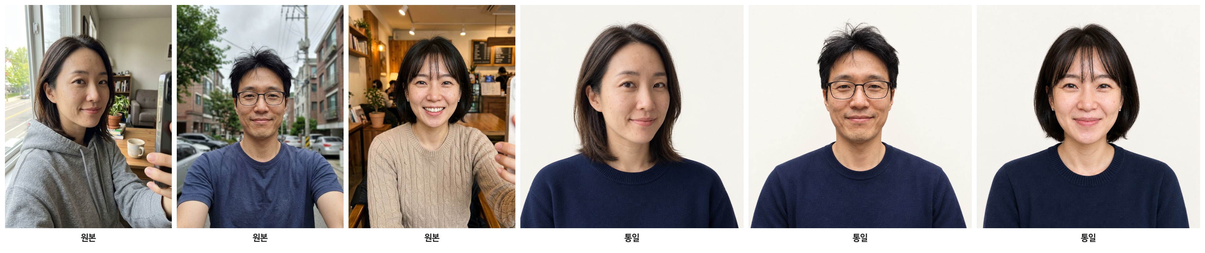 원본 셀카 세 장과 통일된 프로필 세 장