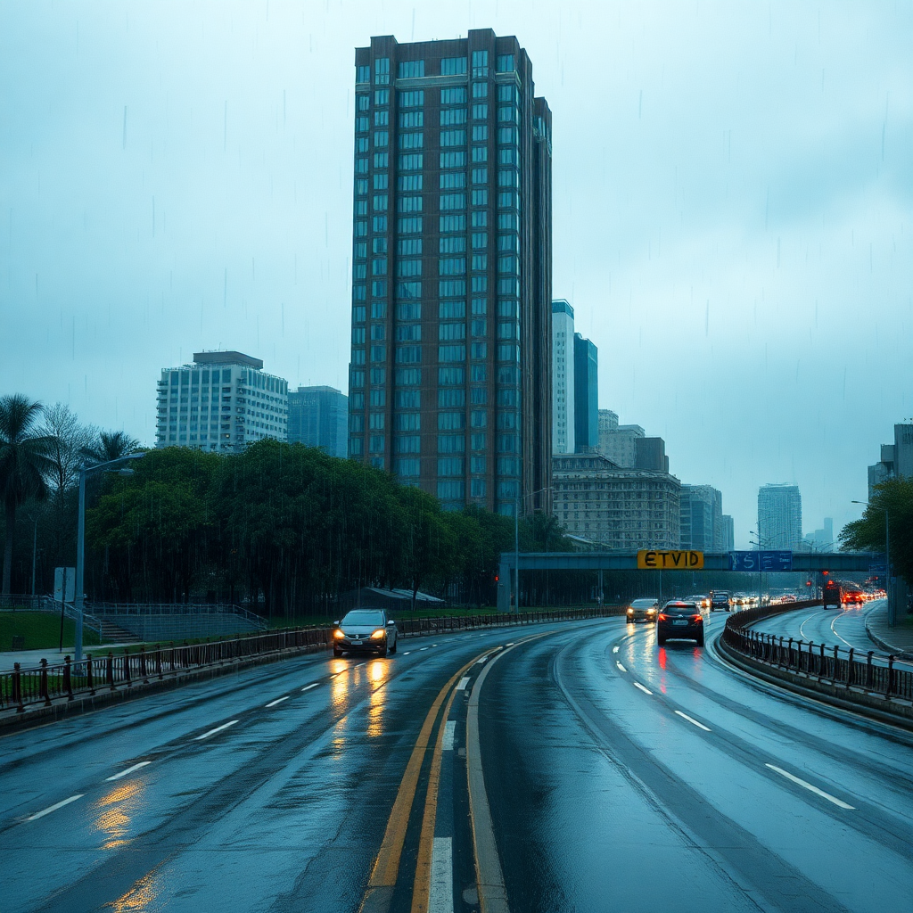 Please create a scene where it is raining in the city on an