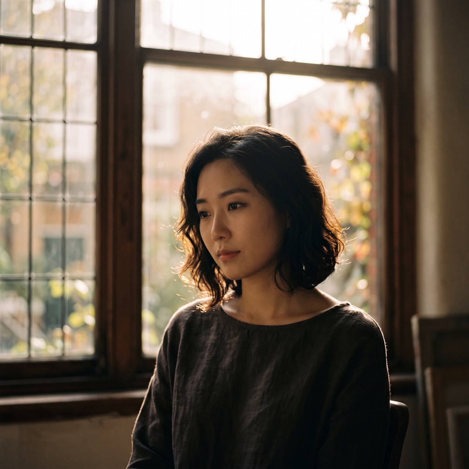 어깨 위 클로즈업 — 손을 프레임 밖으로 보낸 구도