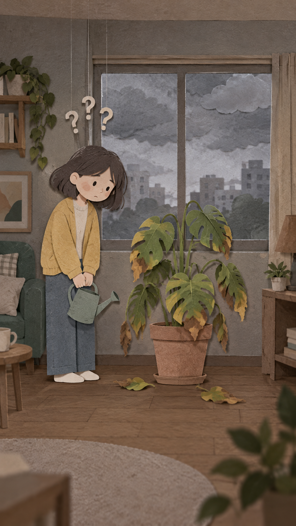 문제 컷 — 시든 화분 앞의 종이 인형 예시
