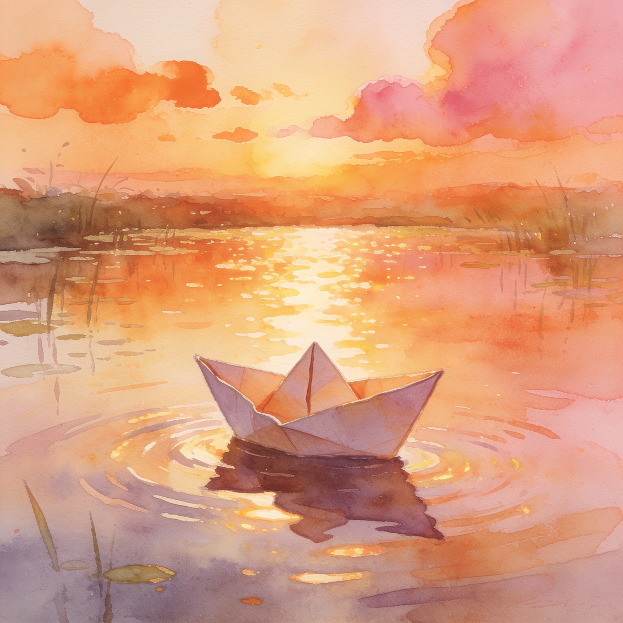 a cozy paper boat floating on a calm pond at sunset