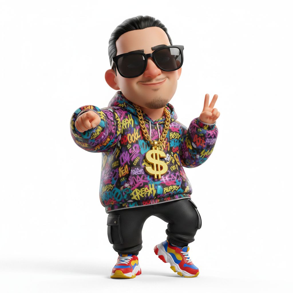 Create a 3D cartoon man with a rap style (face inspired by t