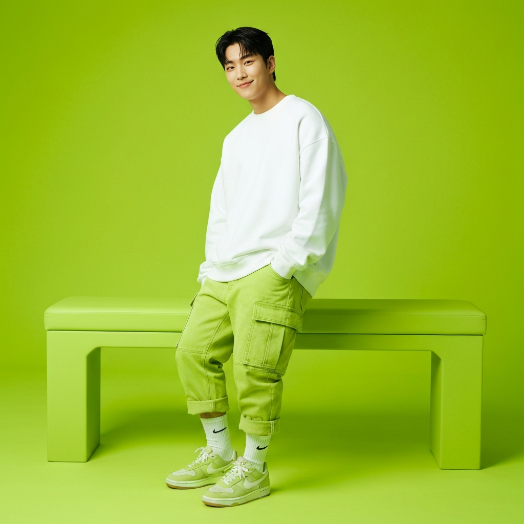 A young Korean man with a slight confident smile (use the up