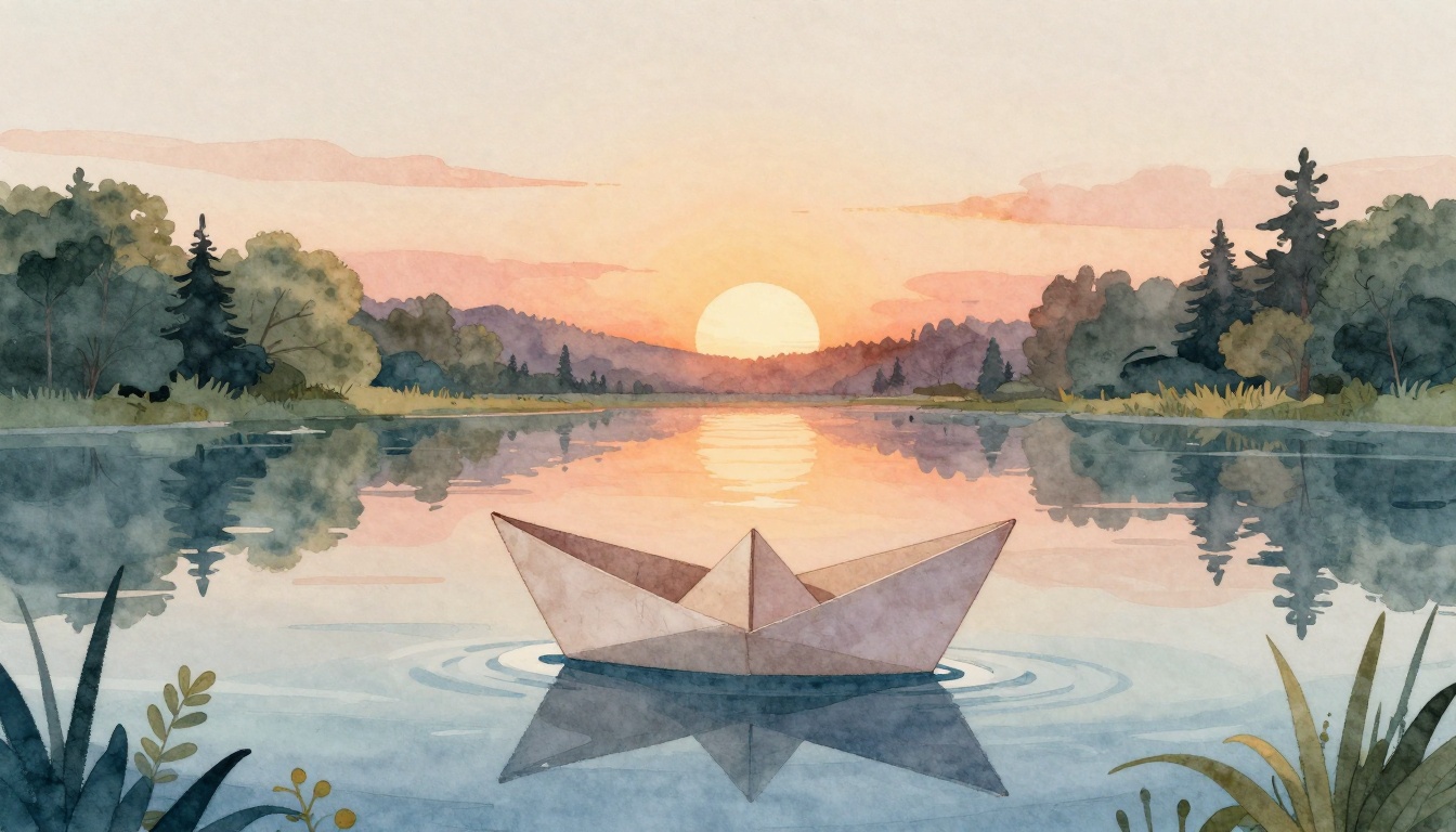 a cozy paper boat floating on a calm pond at sunset
