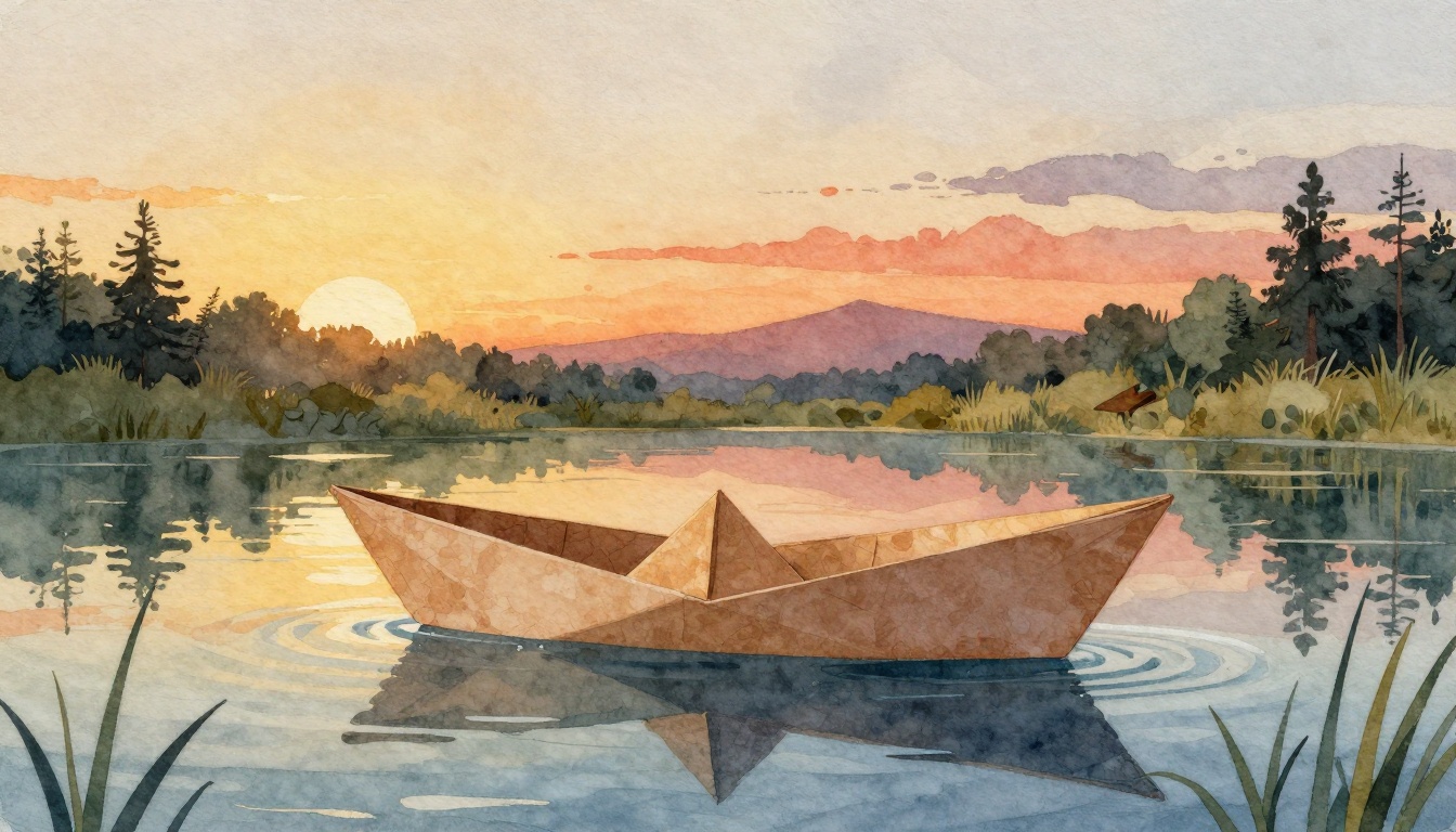 a cozy paper boat floating on a calm pond at sunset