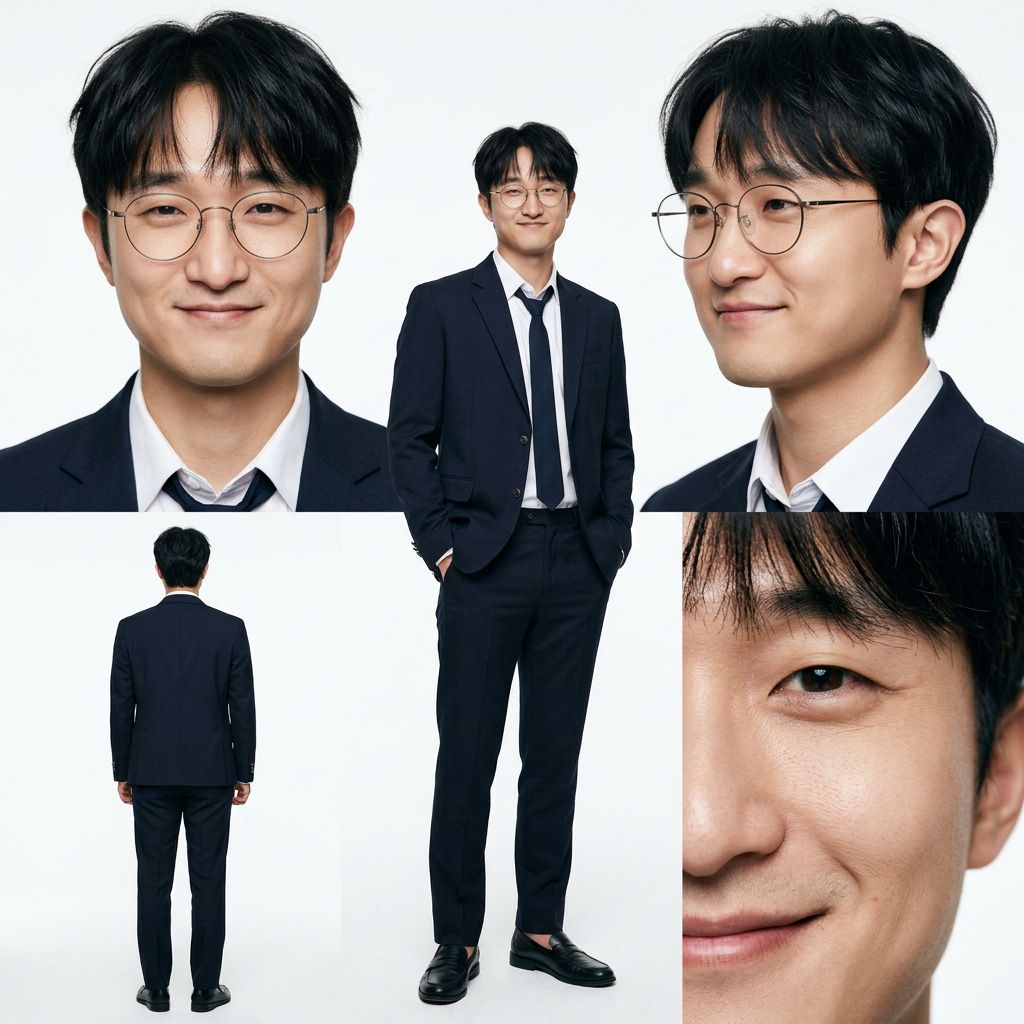 한 장의 이미지 안에 동일한 한국인 남학생의 다양한 각도와 디테일을 정리한 실사 캐릭터 레퍼런스 시트를 제작