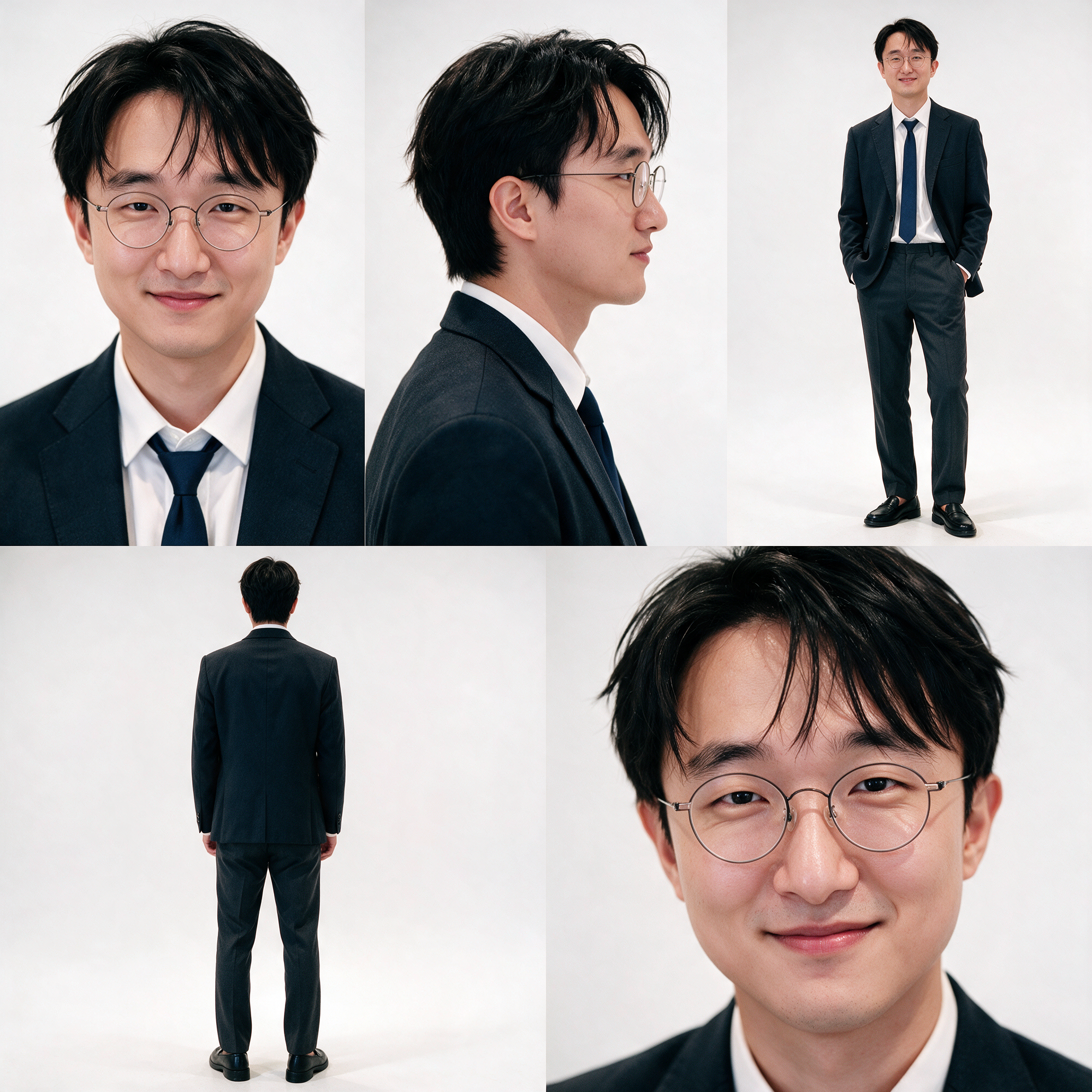 한 장의 이미지 안에 동일한 한국인 남학생의 다양한 각도와 디테일을 정리한 실사 캐릭터 레퍼런스 시트를 제작