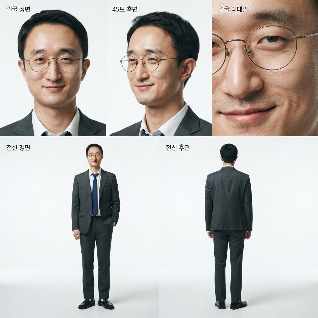 한 장의 이미지 안에 동일한 한국인 남학생의 다양한 각도와 디테일을 정리한 실사 캐릭터 레퍼런스 시트를 제작