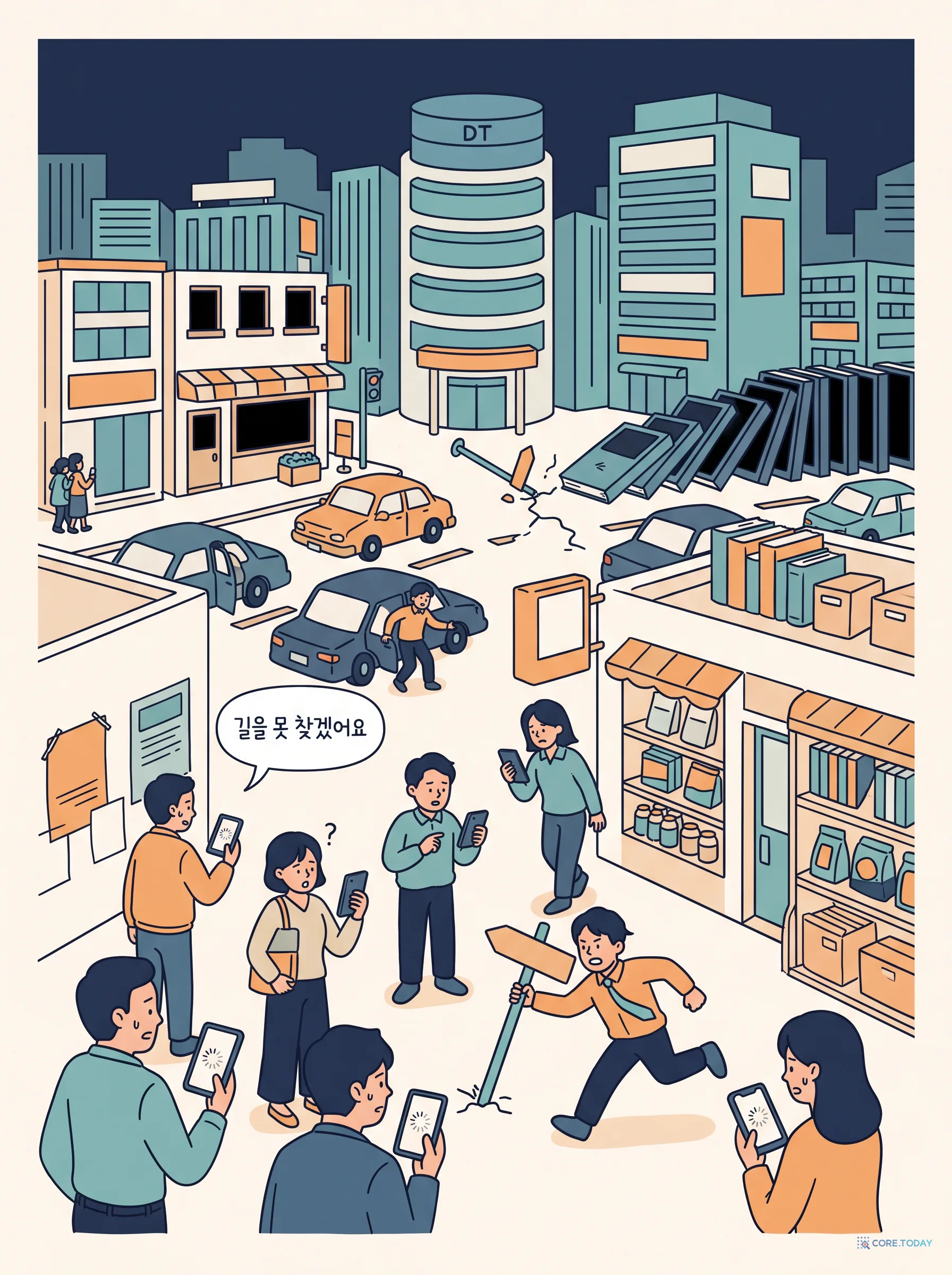 길을 못 찾겠어요 — 밤의 도시에서 데이터베이스 건물로 가는 작은 표지판 하나가 쓰러지자, 차가 멈추고 상점 불이 도미노처럼 꺼진다