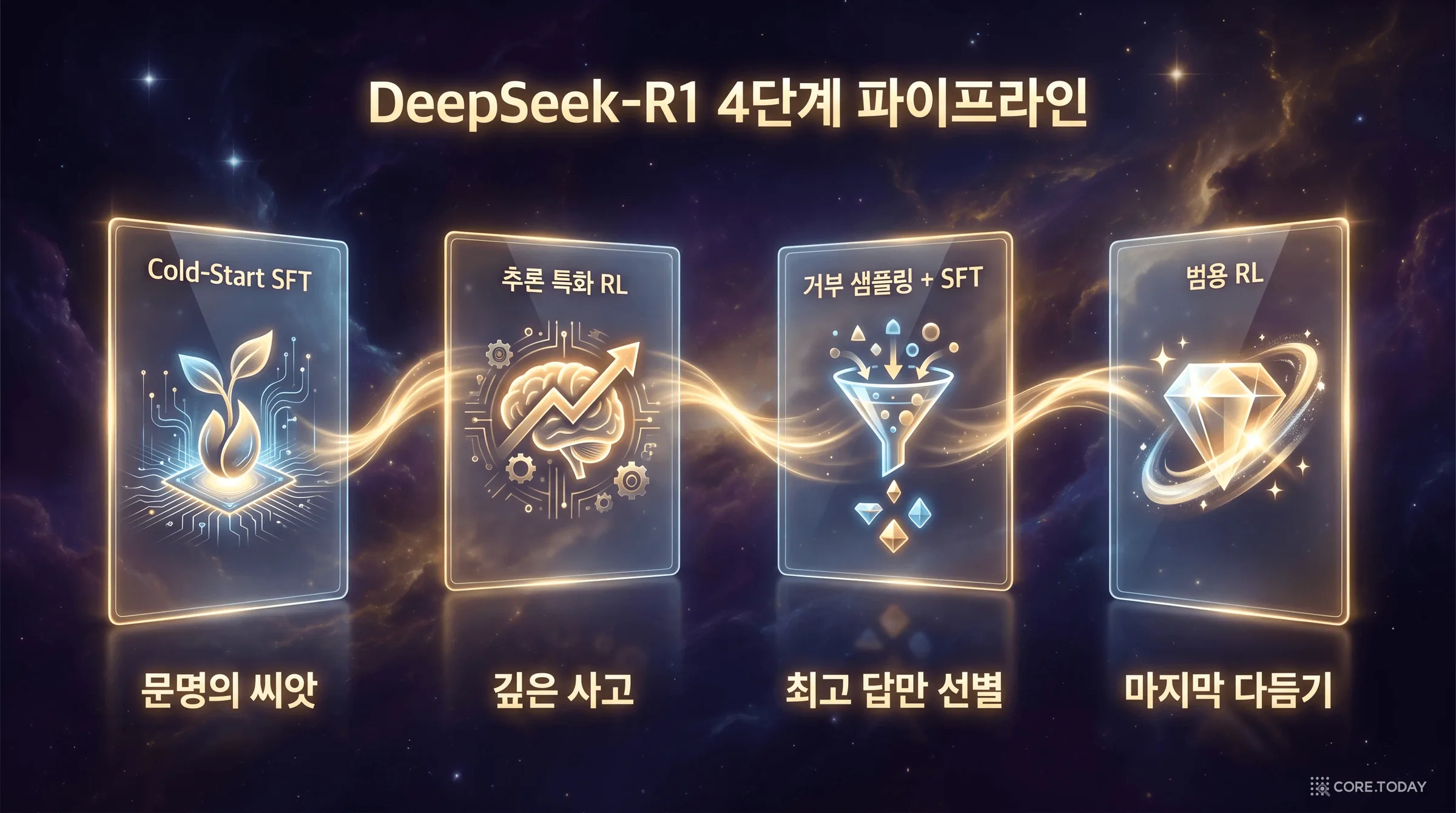 R1의 4단계 파이프라인 — 문명의 씨앗 → 깊은 사고 → 최고 답 선별 → 마지막 다듬기