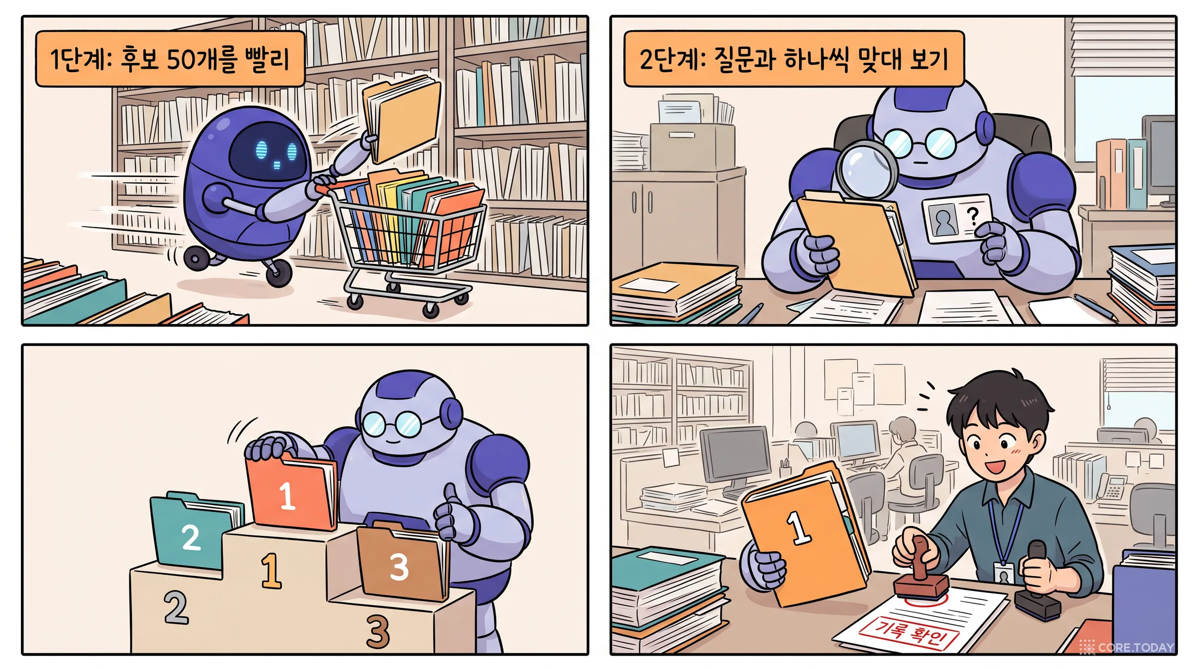 1단계는 후보 50개를 빨리, 2단계는 질문과 하나씩 맞대 보기 — 그리고 기록 확인